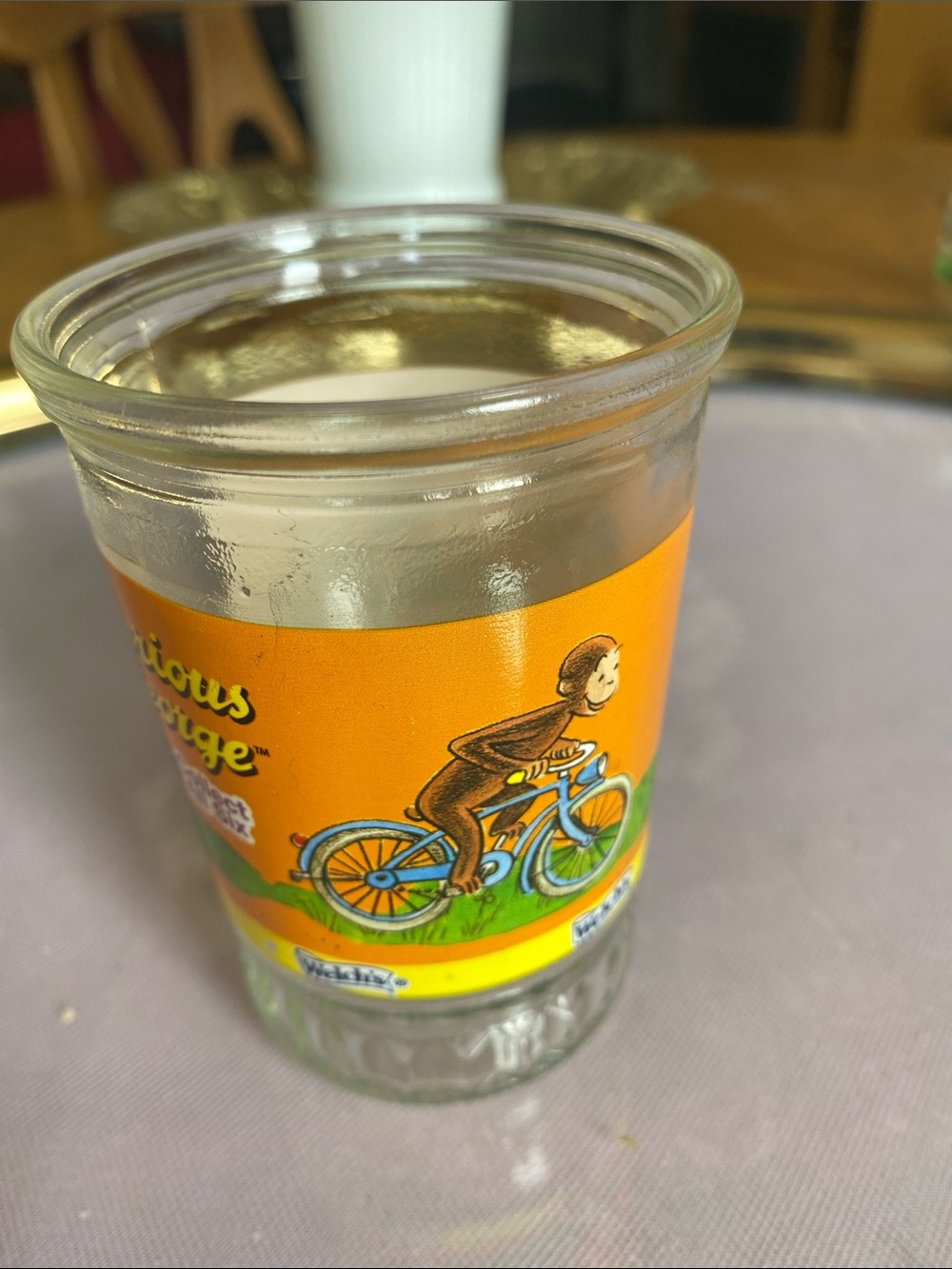 Vintage Welch’s Curious George Glass jelly Jar/ juice glass with Orange Label